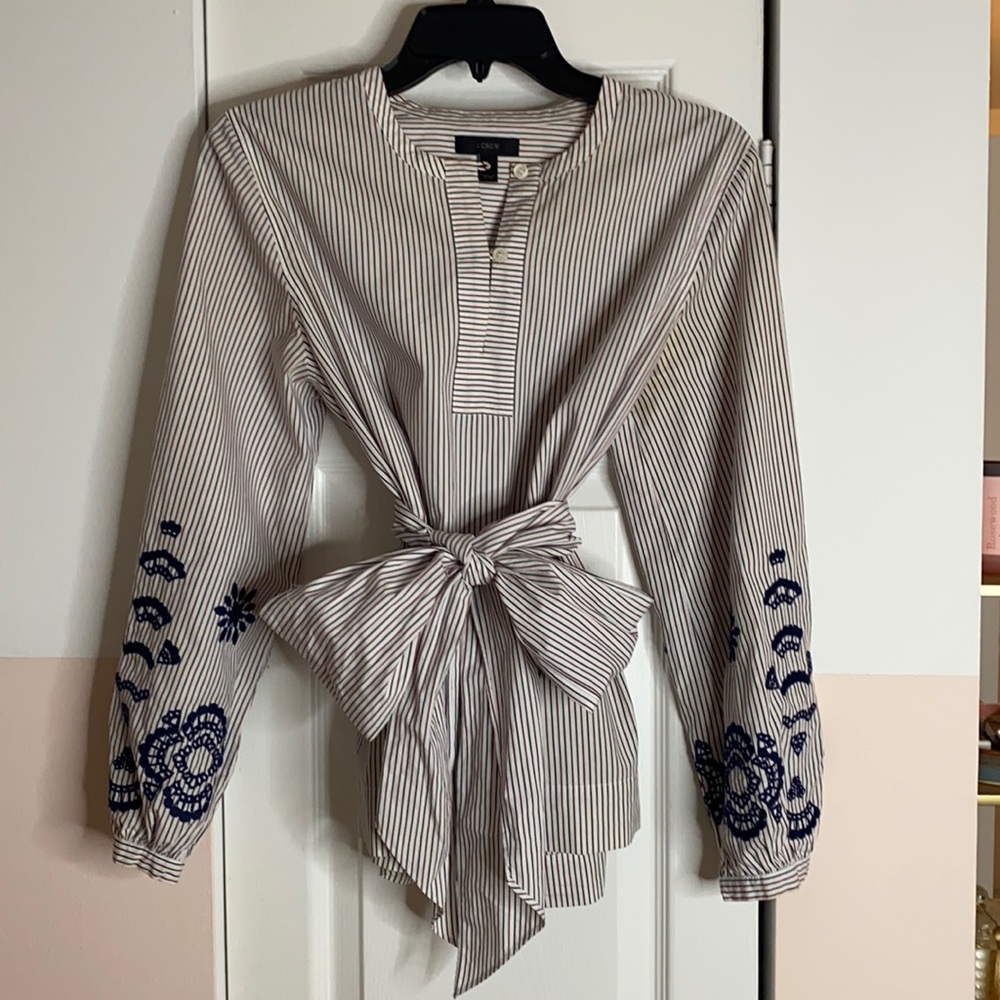 J. Crew Long Sleeve Striped Embroidered Blouse